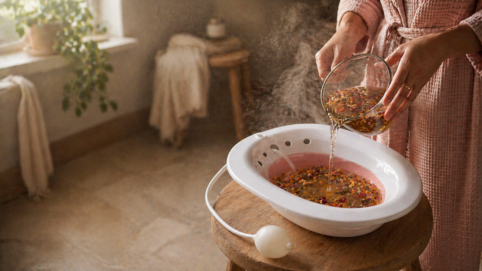 Eine Frau, die das PelviBath-Ritual im warmen Morgenlicht praktiziert