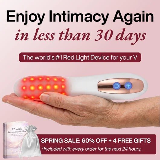 SculptHer Intimacy Wand red light therapy device glowing in hand with product packaging