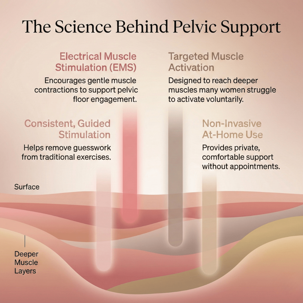 PelviRestore EMS technology diagram showing pelvic muscle stimulation