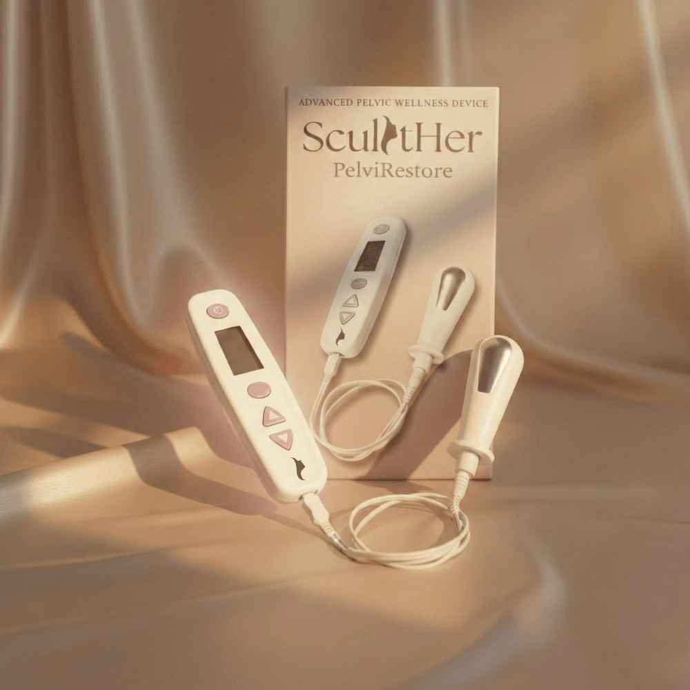 SculptHer PelviRestore device standing with accessories in premium lighting