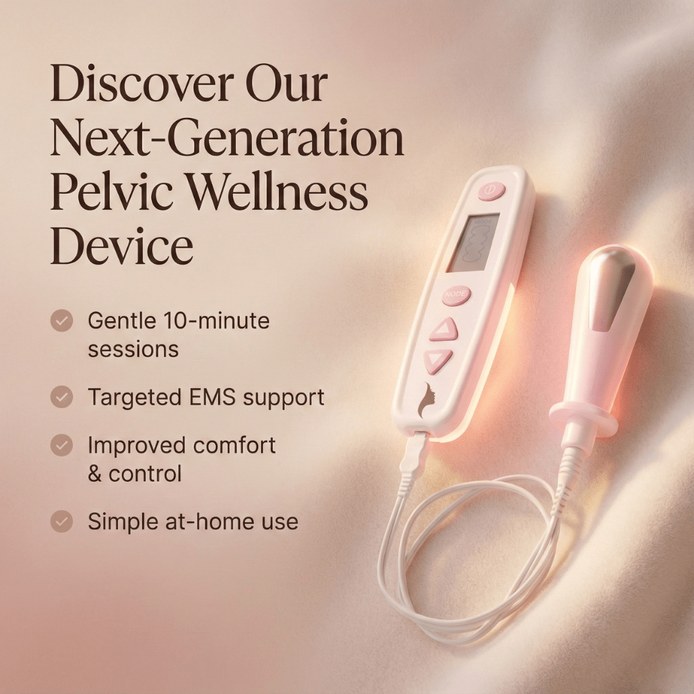 PelviRestore pelvic floor device with storage case and applicator displayed in luxury setting